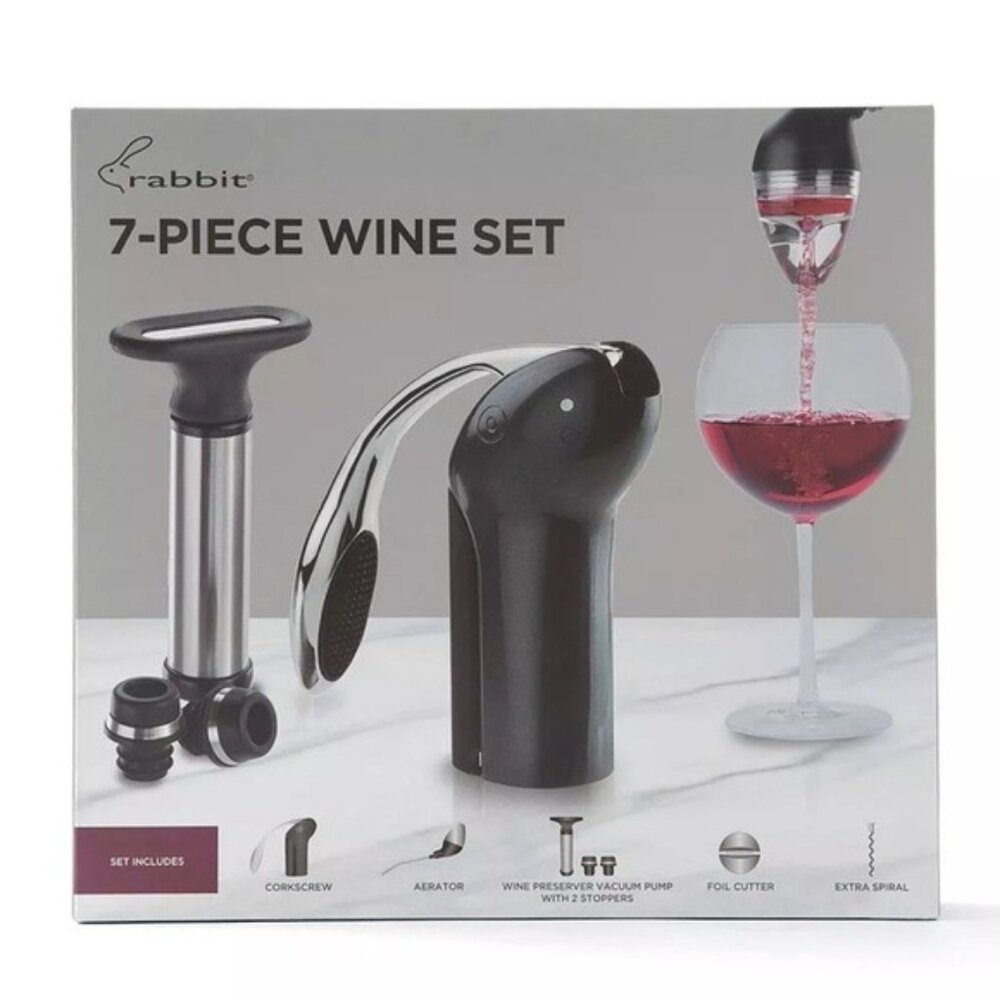 Rabbit 7-Piece Wine Bar Gift Set Manual Corkscrew Vacuum Pump Foil Cutter NIB